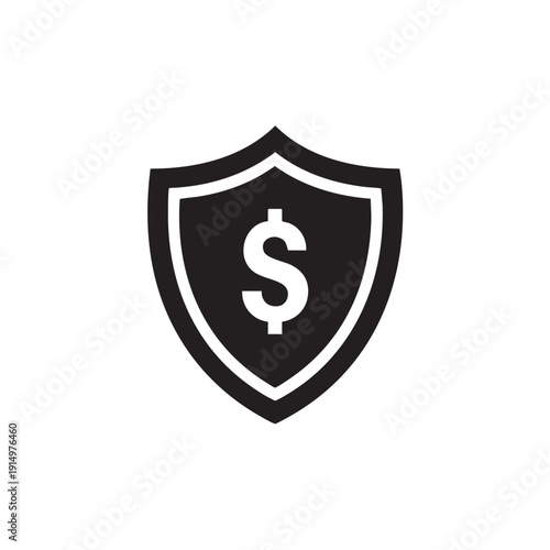 Simple black and white icon symbolizing financial security protection and safeguarding monetary assets with a dollar sign shield