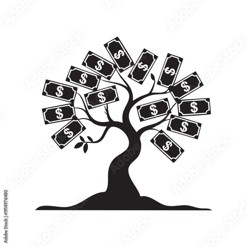 Stylized black and white silhouette of a thriving money tree bearing numerous dollar bills illustrates financial growth and investment success