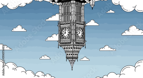 A surreal illustration of Big Ben floating among fluffy white clouds against a blue sky viewed from below