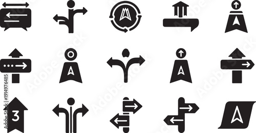 Collection of black directional signs and arrows on white