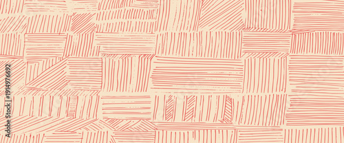 Red small dash pattern. Crosshatch hand drawn texture. Pencil strokes form geometric textile design. Crayon linear shading vintage paper overlay with rough grunge aesthetic. Vector beige tribal bg.