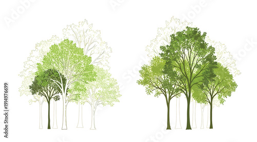 Illustration of trees with leaves in different shades of green