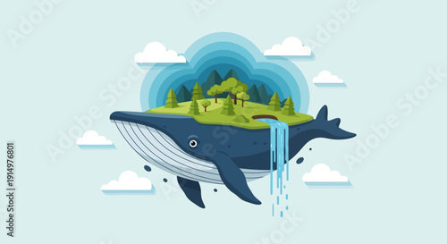 Whale floating in the air with a lush green island on its back surrounded by clouds