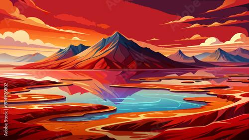 Very beautiful crimson waters of Lake Natron shimmer under African sunlight, where mineral-rich surfaces create surreal reflections along its vast alkaline shoreline.