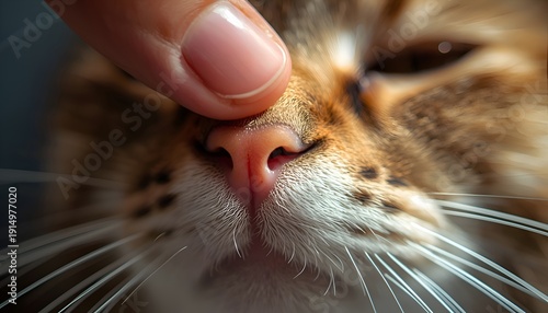 Conceptual image of friendship between human and pet with finger booping cat nose