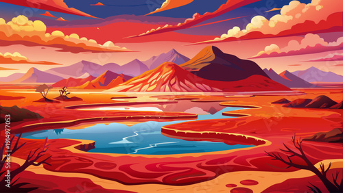 Very beautiful crimson waters of Lake Natron shimmer under African sunlight, where mineral-rich surfaces create surreal reflections along its vast alkaline shoreline.