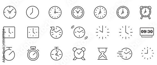 Set of editable stroke time management icons with clocks, calendars, timers, hourglasses, alarms, and productivity symbols isolated on white background, vector illustration pack