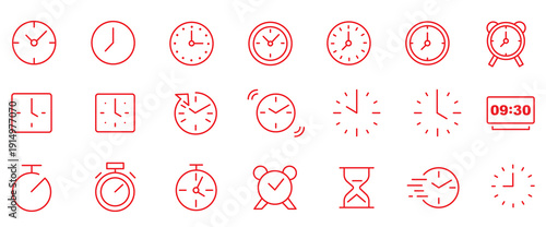 Set of editable stroke time management icons with clocks, calendars, timers, hourglasses, alarms, and productivity symbols isolated on white background, vector illustration pack