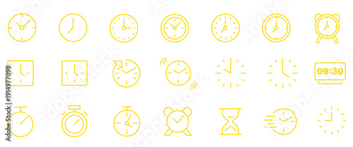 Set of editable stroke time management icons with clocks, calendars, timers, hourglasses, alarms, and productivity symbols isolated on white background, vector illustration pack