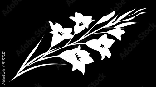 A monochrome illustration of a flowering plant on a black background. White outlines