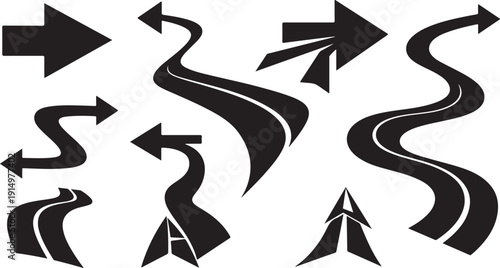 Collection of various black road direction arrows on white