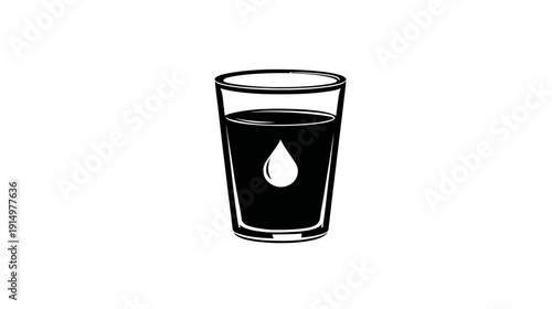 A tall glass, filled with dark liquid, with a single water droplet within. Simple monochrome
