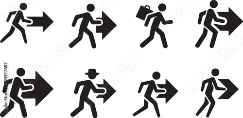 Stick figures running in different directions with arrows