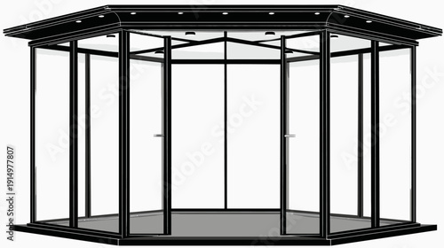 A black and white, six-sided, transparent structure with a flat roof