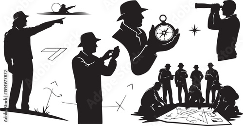 Silhouette of detective team investigating crime scene together outdoors