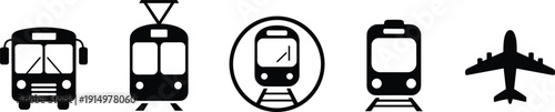 Transport icons bus tram metro train airplane silhouettes vector collection public transit vehicle set black symbols illustration