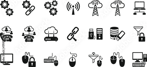 Network and Communication Line Icons Set with Server Cloud Security Computer Connectivity Outline Vector Collection