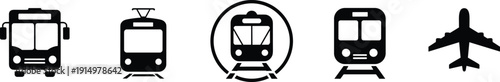 Transport silhouettes bus tram metro train airplane vector icons collection public transit vehicle symbols black illustration set