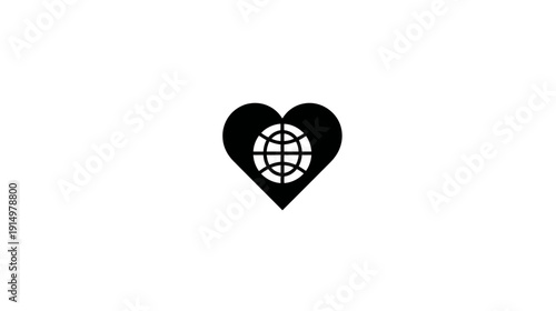 A simple icon featuring a heart shape containing a graphic of the globe. Simple, elegant, and symbolic