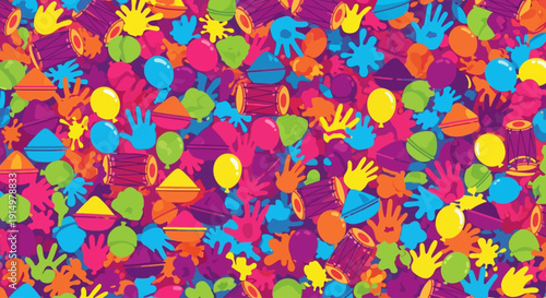 Vibrant Holi Celebration with Colorful Hands and Powder in the Air, Showcasing Joy and Cultural Festivity in a Busy Street Scene