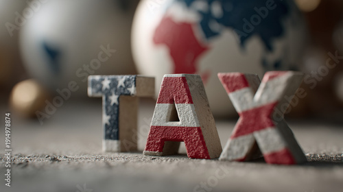 Tax time on Earth: An intricately carved TAX word, with the 'T' decorated in the stars and stripes pattern, sits in front of the globe, signifying taxation's global influence and American involvement.