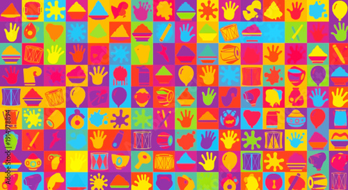 Vibrant Holi celebration with diverse symbols and patterns in a kaleidoscope of colors, viewed from a straightforward perspective