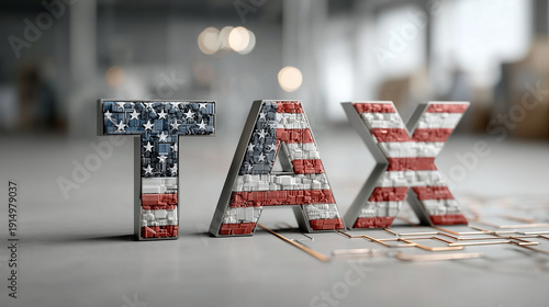Tax Day: The word TAX with American flag design signifies the important annual event in United States with a digital pattern on the ground.