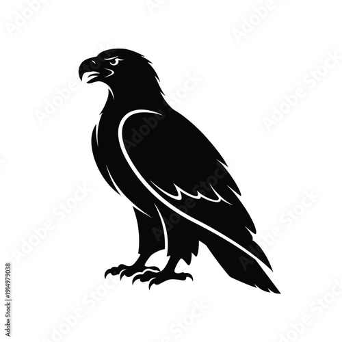 Black silhouette of a standing eagle with white accents isolated on transparent background
