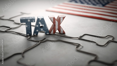 American Tax Concept: Illustrating the concept of taxation with the American flag and the word TAX.