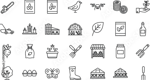 Agriculture and Farming Line Icons Set with Tractor Barn Crops Livestock Organic Outline Vector Collection