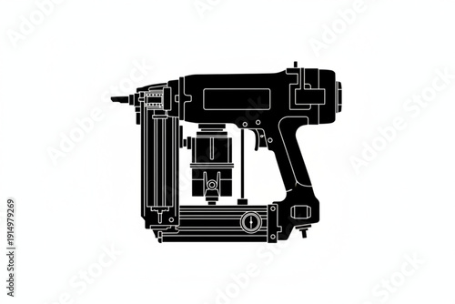 Pneumatic Nailer: A detailed, stylized illustration of a powerful pneumatic nailer, a fundamental tool in construction, presented in stark silhouette against a clean background.
