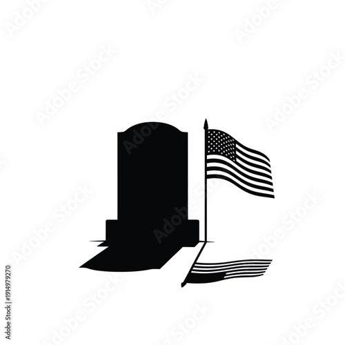 Vector silhouette of an American flag waving beside a grave monument isolated on transparent background