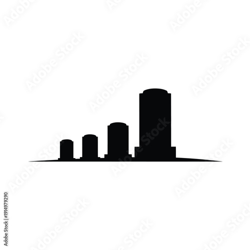 Black silhouette of a city skyline with tall buildings isolated on white background