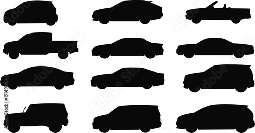 Vehicle silhouettes vector collection cars trucks transport automotive icons black profiles set illustration isolated design