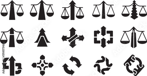 Black and white icons of justice and recycling symbols