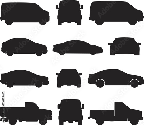 Automobile vehicle silhouettes sedan coupe suv pickup truck transport vector icons collection black