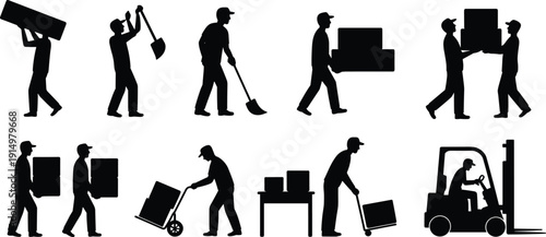 Workers labor silhouettes carrying lifting pushing loading boxes forklift transport vector icons collection