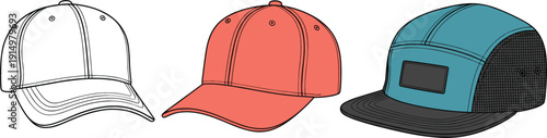 Baseball Cap Variations with Classic Trucker and Snapback Hat Styles Vector Illustration Collection