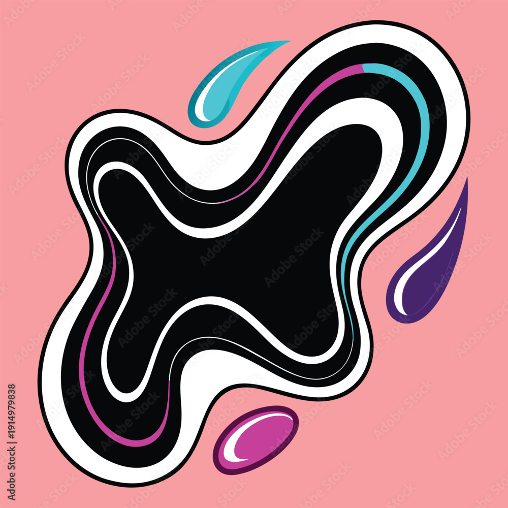 Obraz premium Abstract Black Blob With Colorful Drops And Swirls On Pink Background