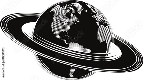 Stylized, black and white depiction of planet Earth, complete with rings, showcasing continents