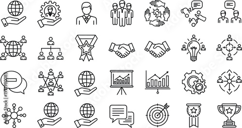 Business and Teamwork Line Icons Set with Partnership Growth Strategy Leadership Outline Vector Collection