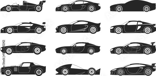 Black sports supercar silhouettes vector collection racing automobile luxury speed coupe profile icons set modern design transpor