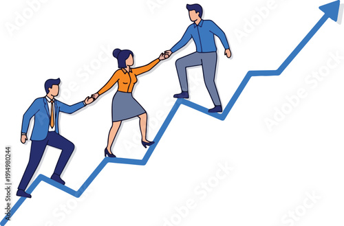 Business team helping each other climb up a growing graph staircase