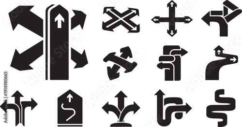 Collection of black and white directional signs and arrows