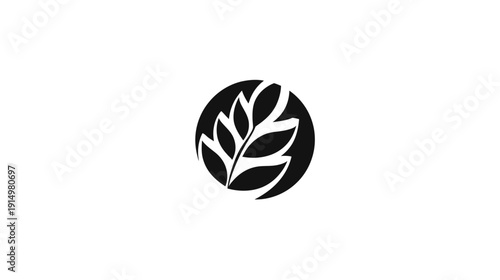 A monochrome circular logo features a stylized plant with several leaves enclosed by a dark circle