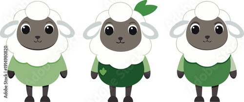 Cute cartoon sheep in green outfits with white wool standing on white background