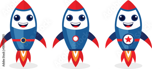 Cartoon rockets with different designs and smiling faces