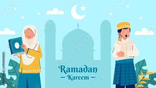 Ramadan Kareem Illustration with Woman Holding Quran and Man Performing Adhan