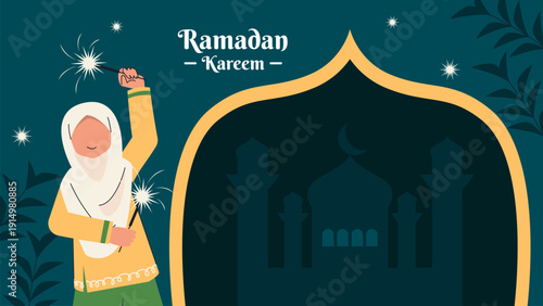 Ramadan Kareem illustration of girl celebrating with sparklers at mosque
