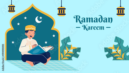 Ramadan Kareem Vector Illustration of Muslim Boy Reading Holy Quran in Mosque